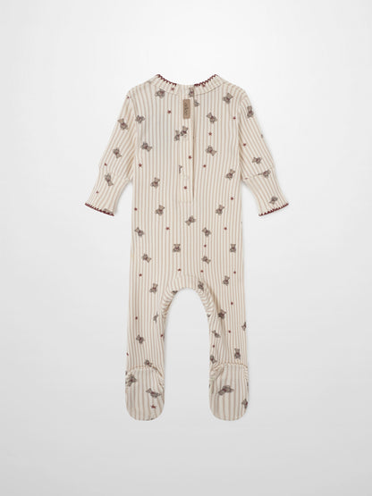 Girls Stretchies by Adee: Striped Bear Stretchy onesie in beige stripes with bear prints and red stars, footed