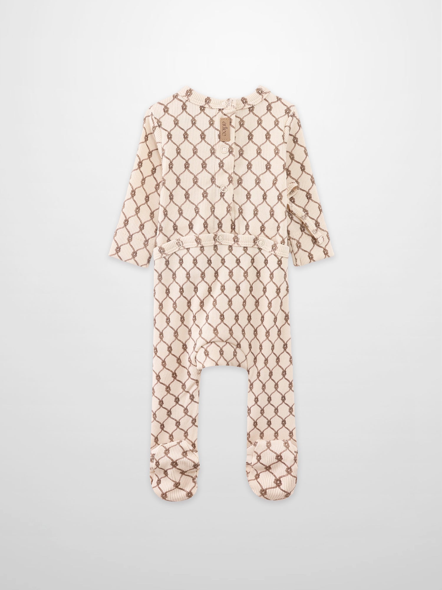 Adee Boys Stretchies beige footed romper with brown chain pattern, full-body knit