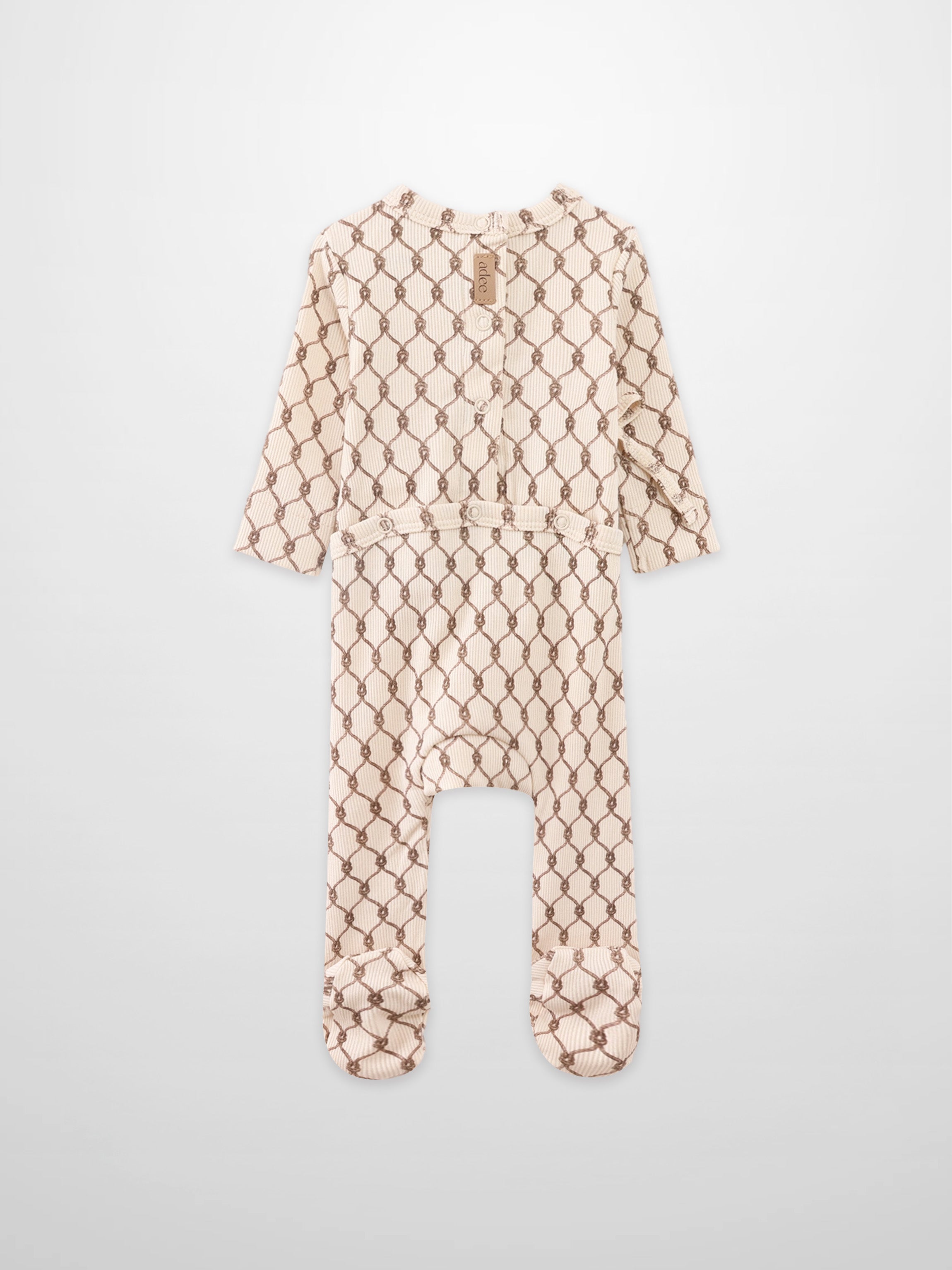 Adee Boys Stretchies beige footed romper with brown chain pattern, full-body knit