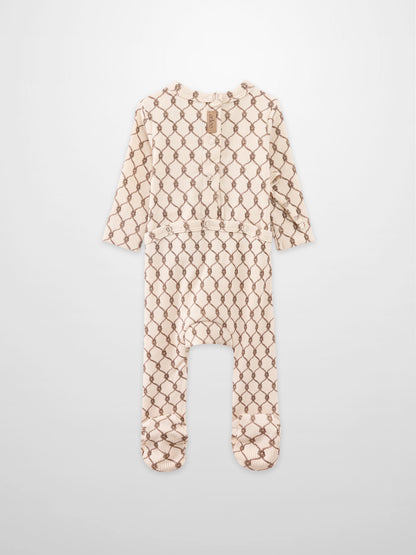 Adee Boys Stretchies beige footed romper with brown chain pattern, full-body knit