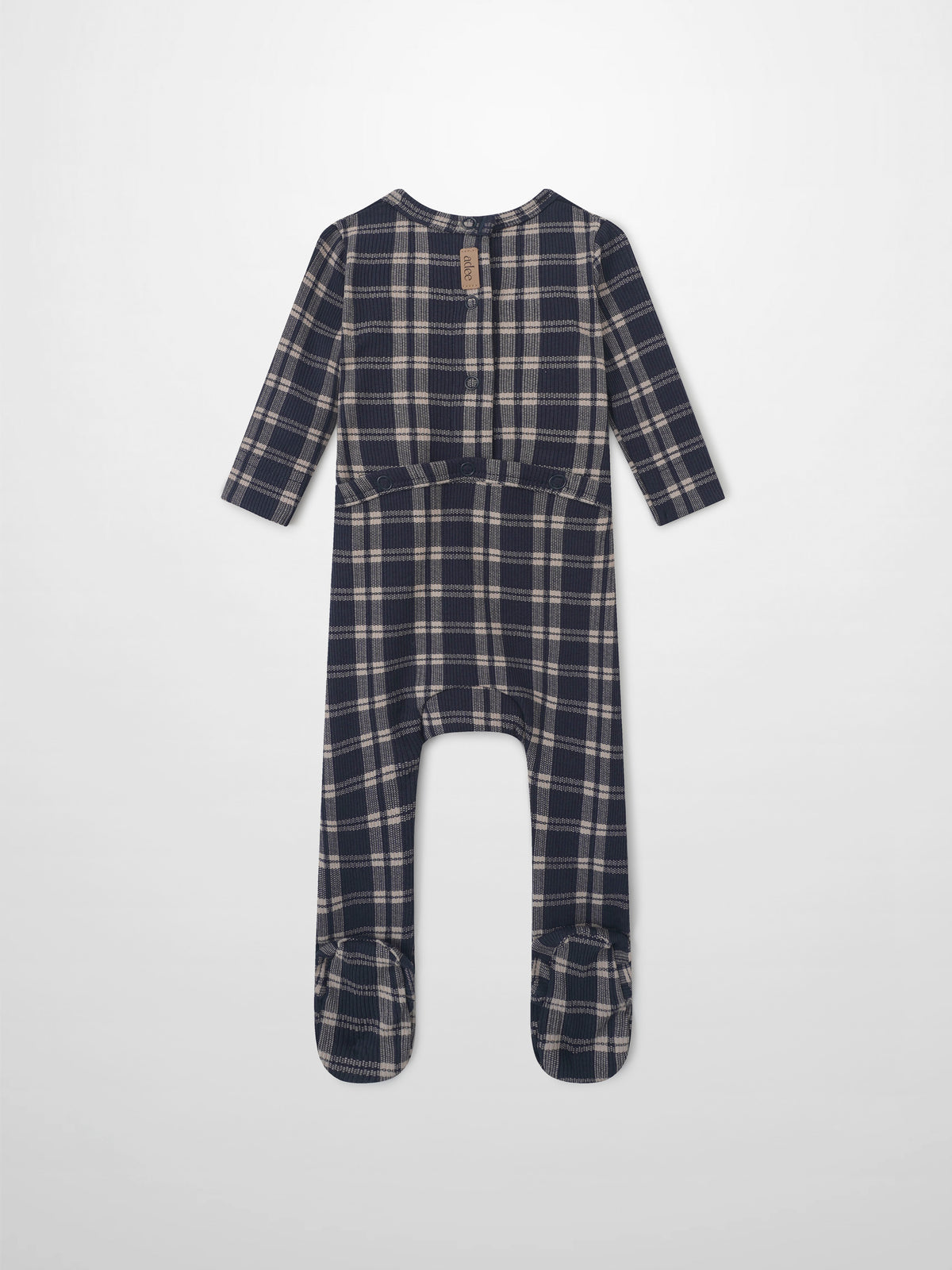 Adee navy plaid boys layette romper with long sleeves and feet, front snap buttons