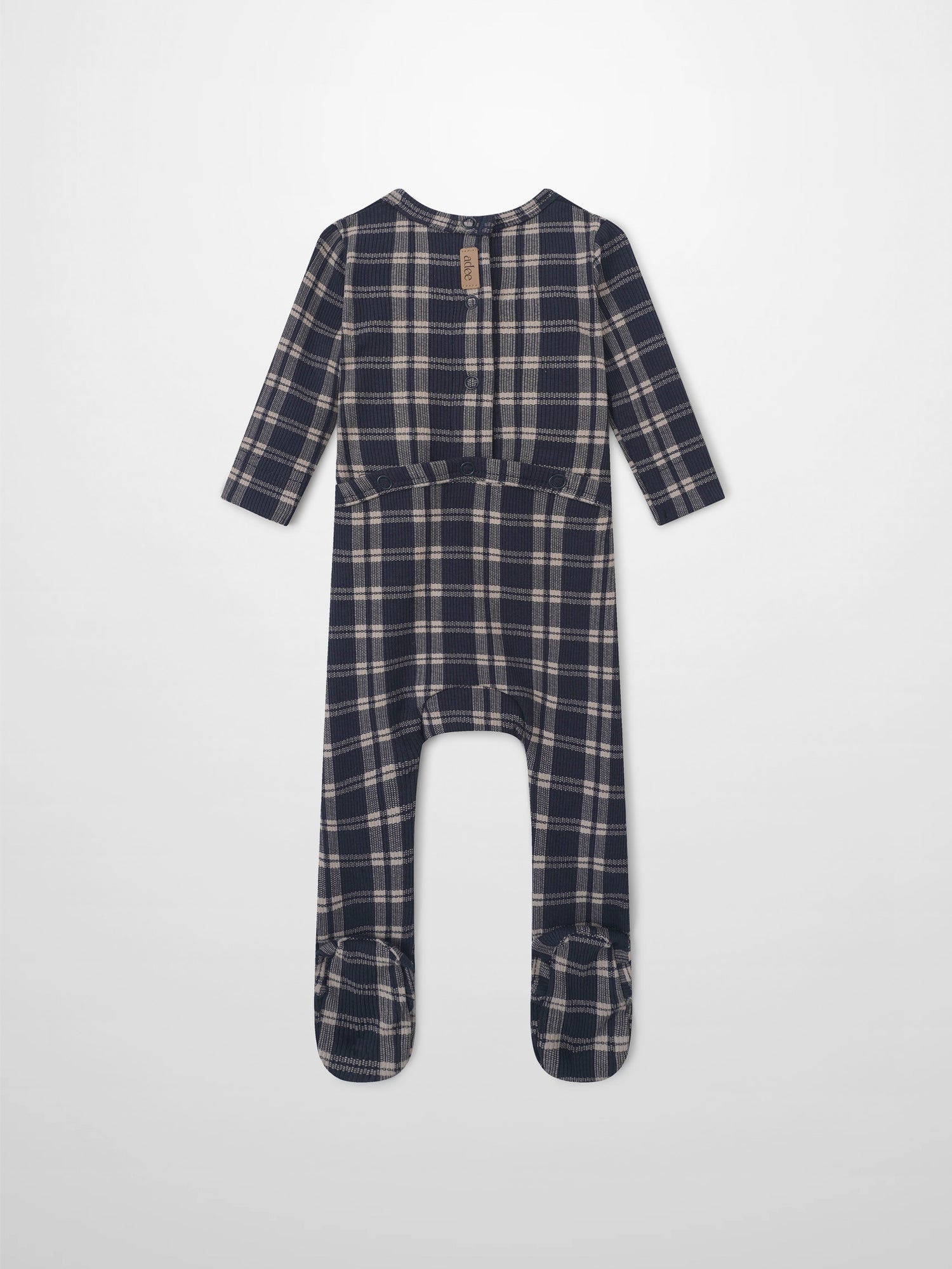 Adee navy plaid boys layette romper with long sleeves and feet, front snap buttons