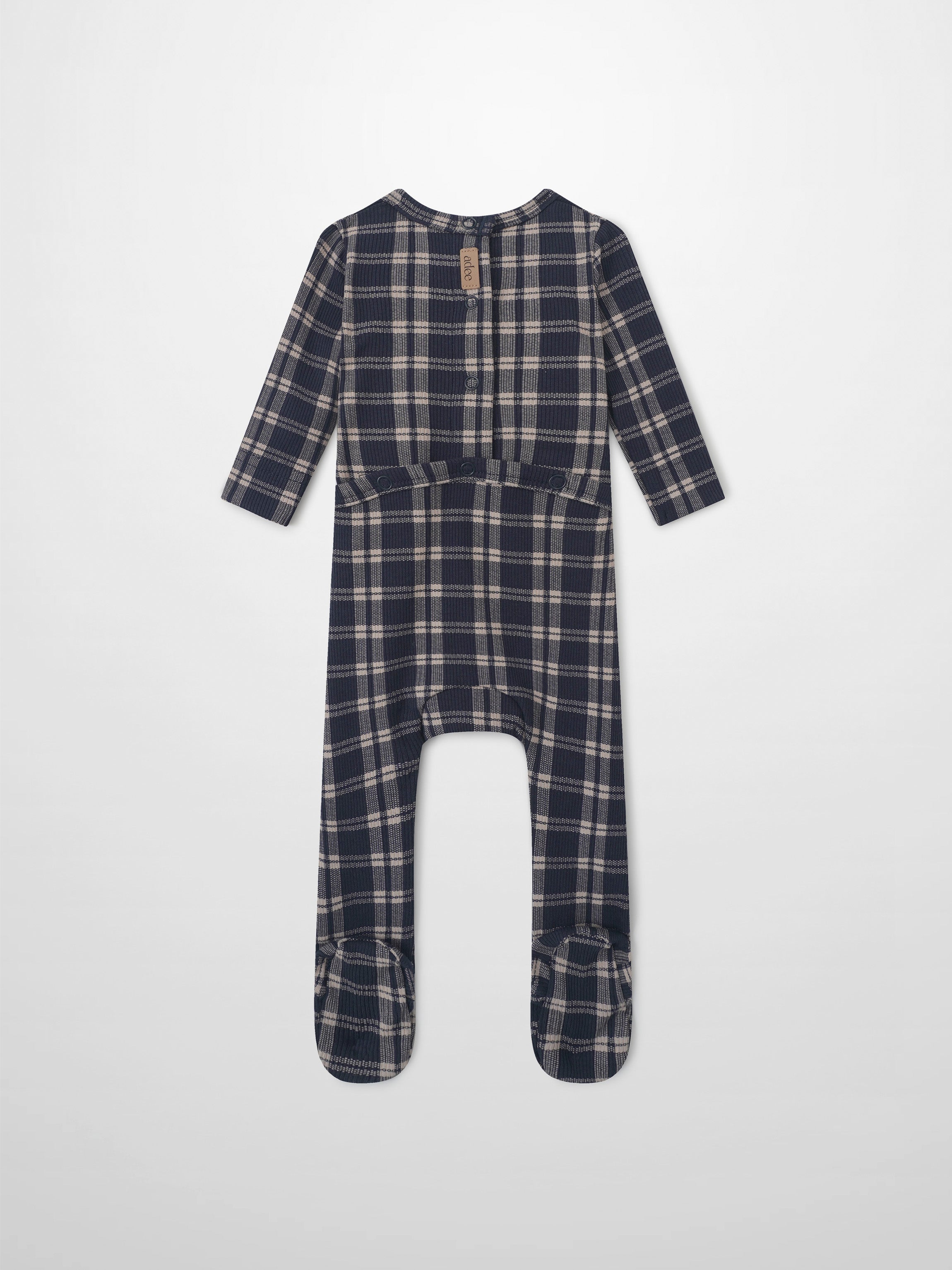 Adee navy plaid boys layette romper with long sleeves and feet, front snap buttons