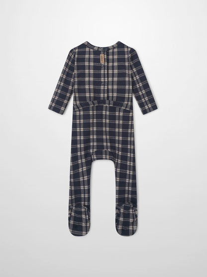 Adee navy plaid boys layette romper with long sleeves and feet, front snap buttons