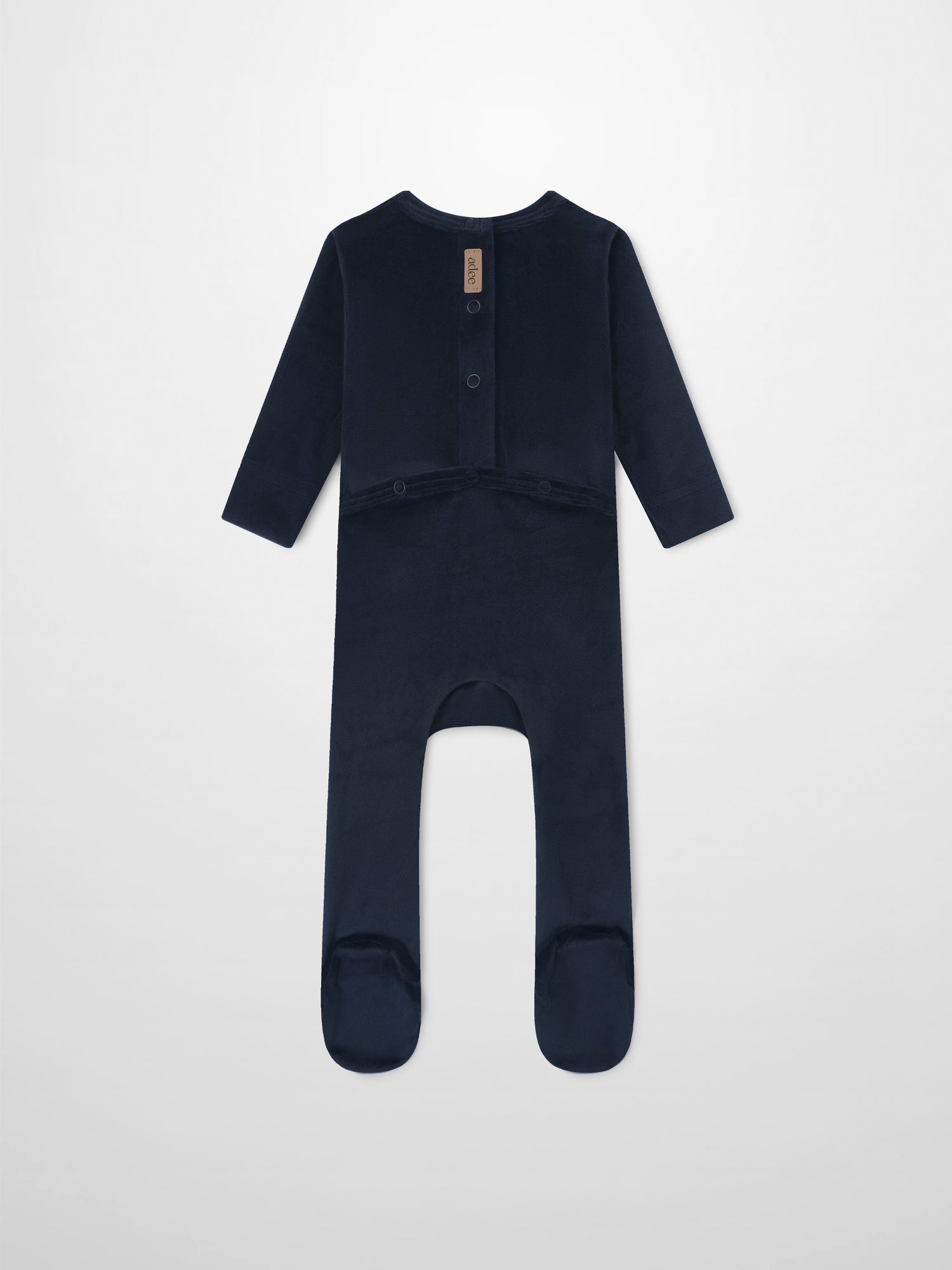 Embroidered Bear Navy layette set by Adee; navy baby romper with long sleeves and snap closures