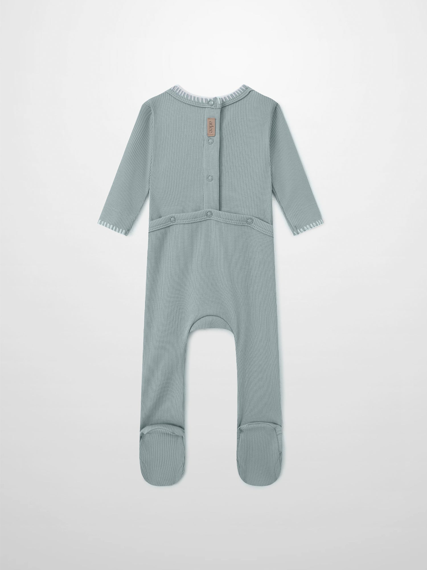 Legacy Stitch Stretchy light blue boys romper by Adee, ribbed knit with snap buttons