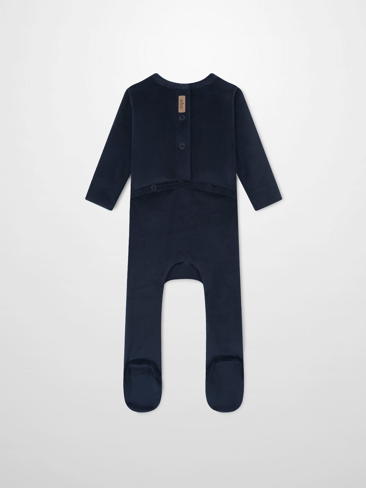 Adee Embroidered Bear Stretchy Navy boys romper; back view shows beige brand tag.