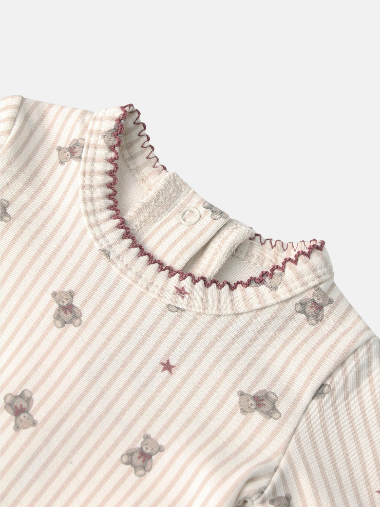 Adee Striped Bear Stretchy for girls; red and cream striped fabric with bear prints and burgundy piping.