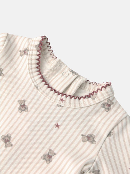 Adee Striped Bear Stretchy for girls; red and cream striped fabric with bear prints and burgundy piping.