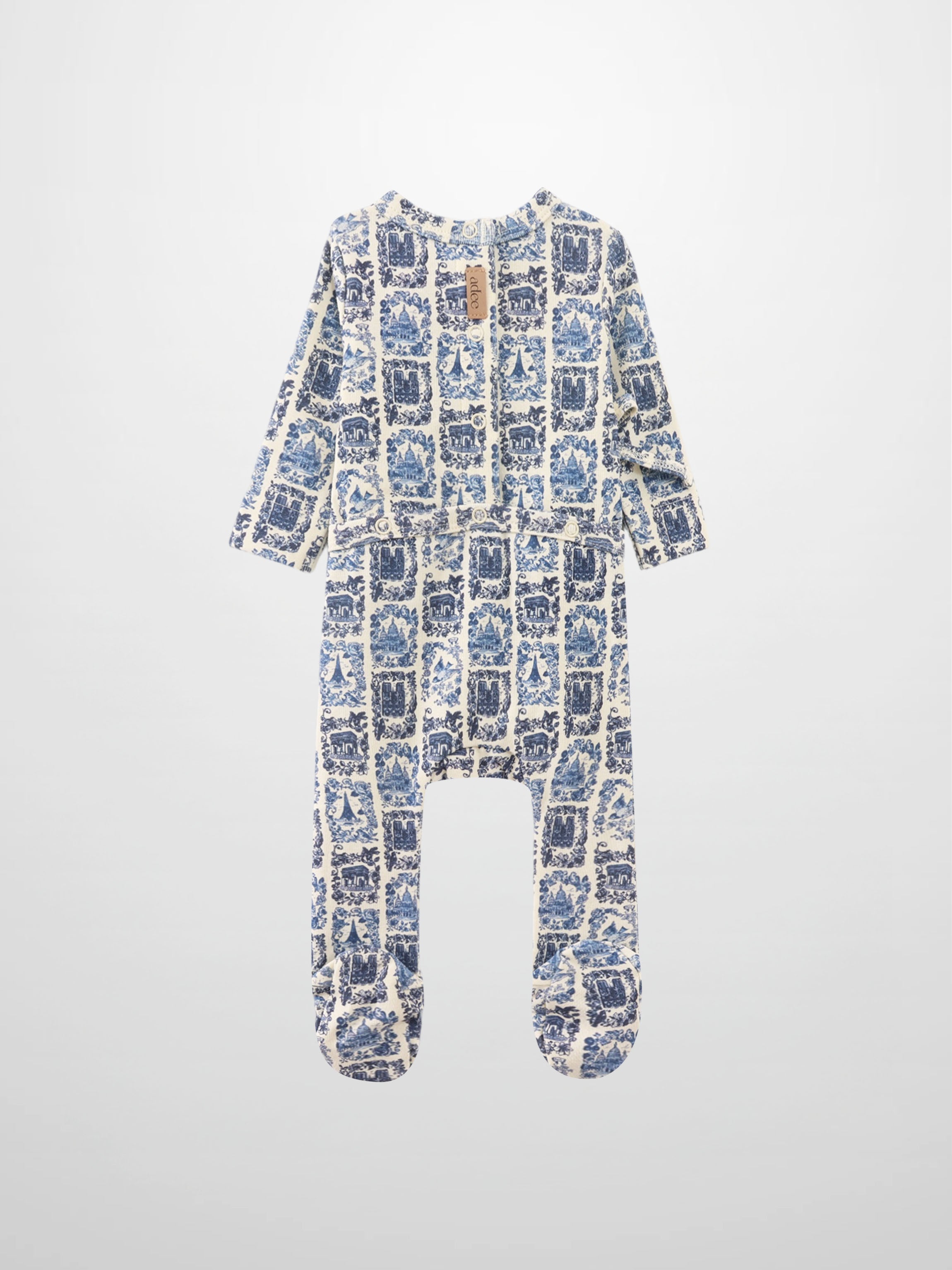 Blue Landmark Stretchy boys stretchies romper by Adee with blue toile print