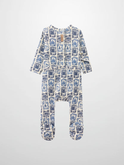 Blue Landmark Stretchy boys stretchies romper by Adee with blue toile print