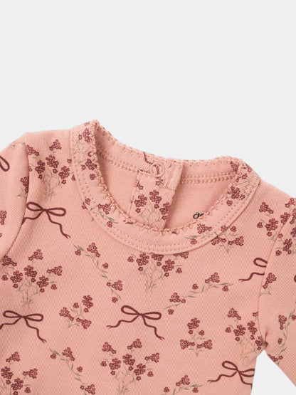 Bow Bouquet Stretchy girls top by Adee, pink floral knit with bow accents and back neck button loop.