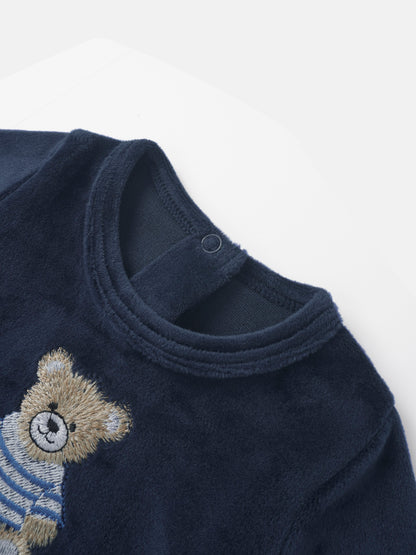 Embroidered Bear Stretchy by Adee; navy fleece for boys with bear embroidery.