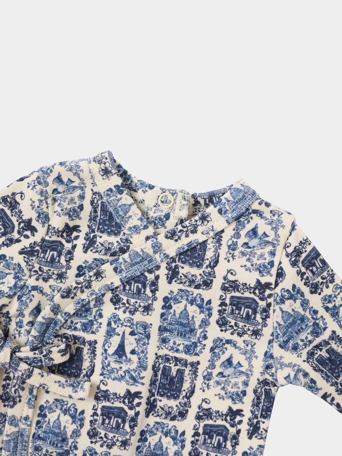 Blue Landmark Layette Set for boys by Adee, cream fabric with blue toile print.