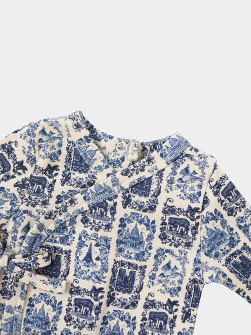 Blue Landmark Layette Set for boys by Adee, cream fabric with blue toile print.