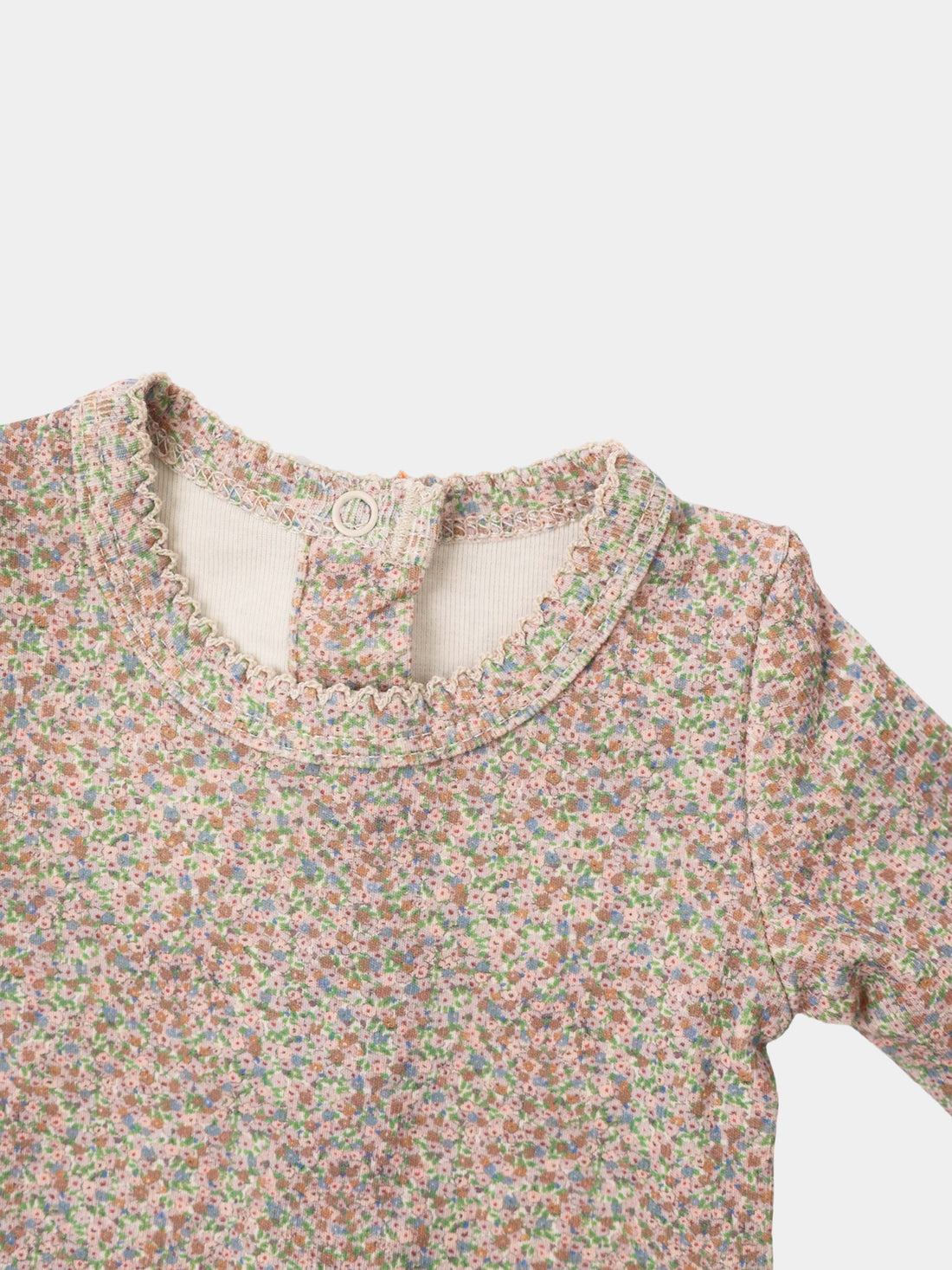 Pastel Petal layette set for girls, floral print with lace-trim collar and back loop button closure.