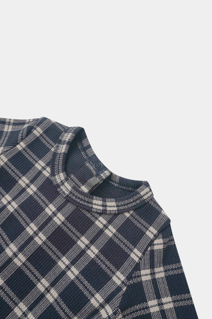 Navy plaid layette set top for boys by Adee, with ribbed collar.