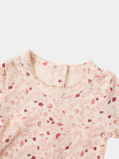 Adee Garden Sprinkles girls layette top in pink floral ribbed fabric with a ruffled neckline and white button