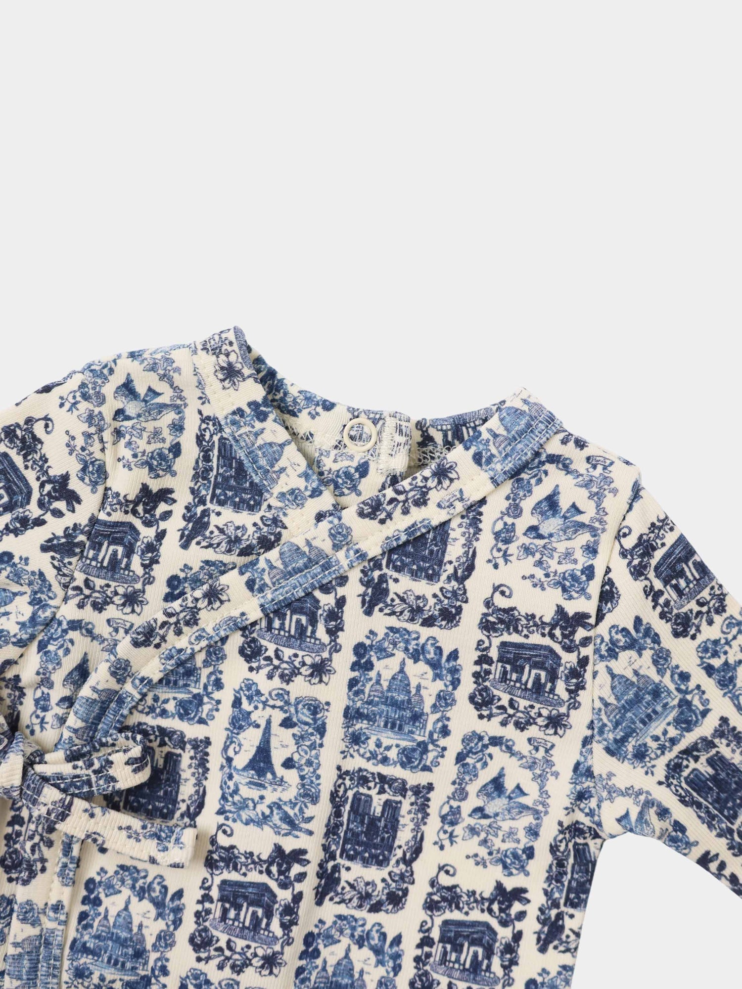 Blue Landmark Stretchy boys shirt by Adee featuring a blue toile print on cream fabric