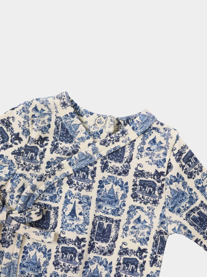 Blue Landmark Stretchy boys shirt by Adee featuring a blue toile print on cream fabric