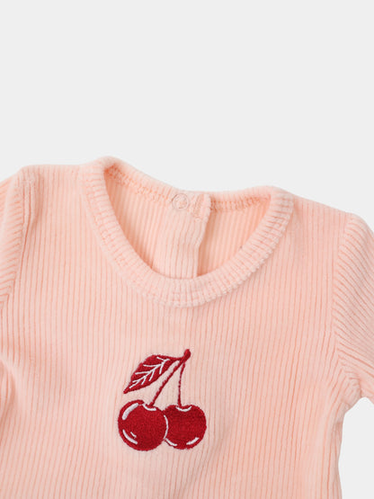 Adee Embroidered Cherry layette set pink ribbed knit top with red cherry embroidery and shoulder snaps