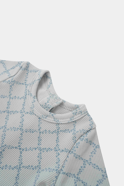 Blue Leaf Stretchy Boys Stretchies top in light gray rib knit with blue leaf pattern