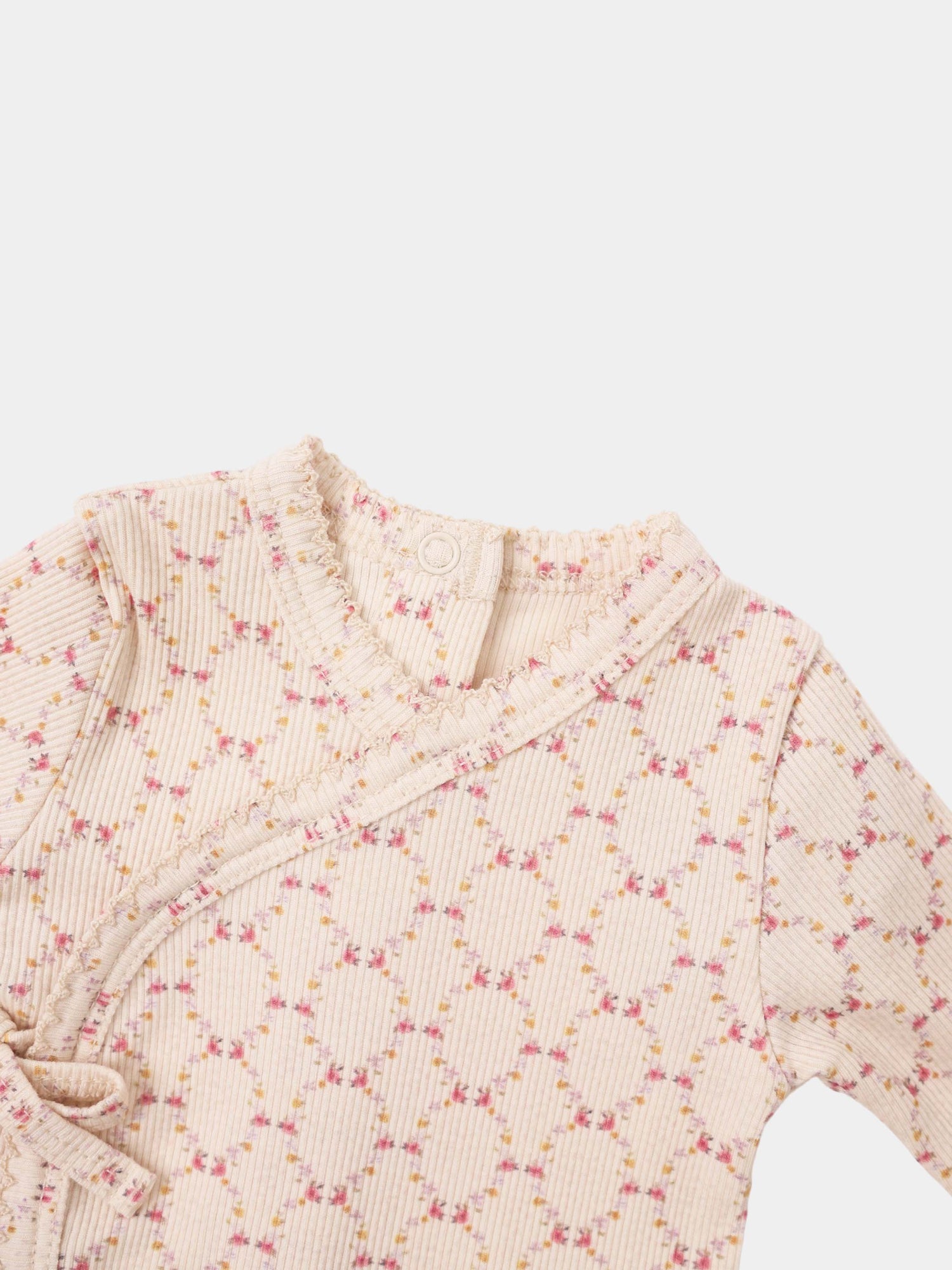 Floral Garland Stretchy girls top by Adee, cream ribbed fabric with pink and yellow floral print