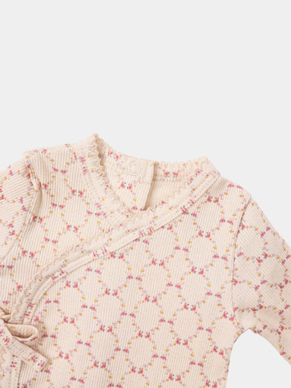 Floral Garland Stretchy girls top by Adee, cream ribbed fabric with pink and yellow floral print