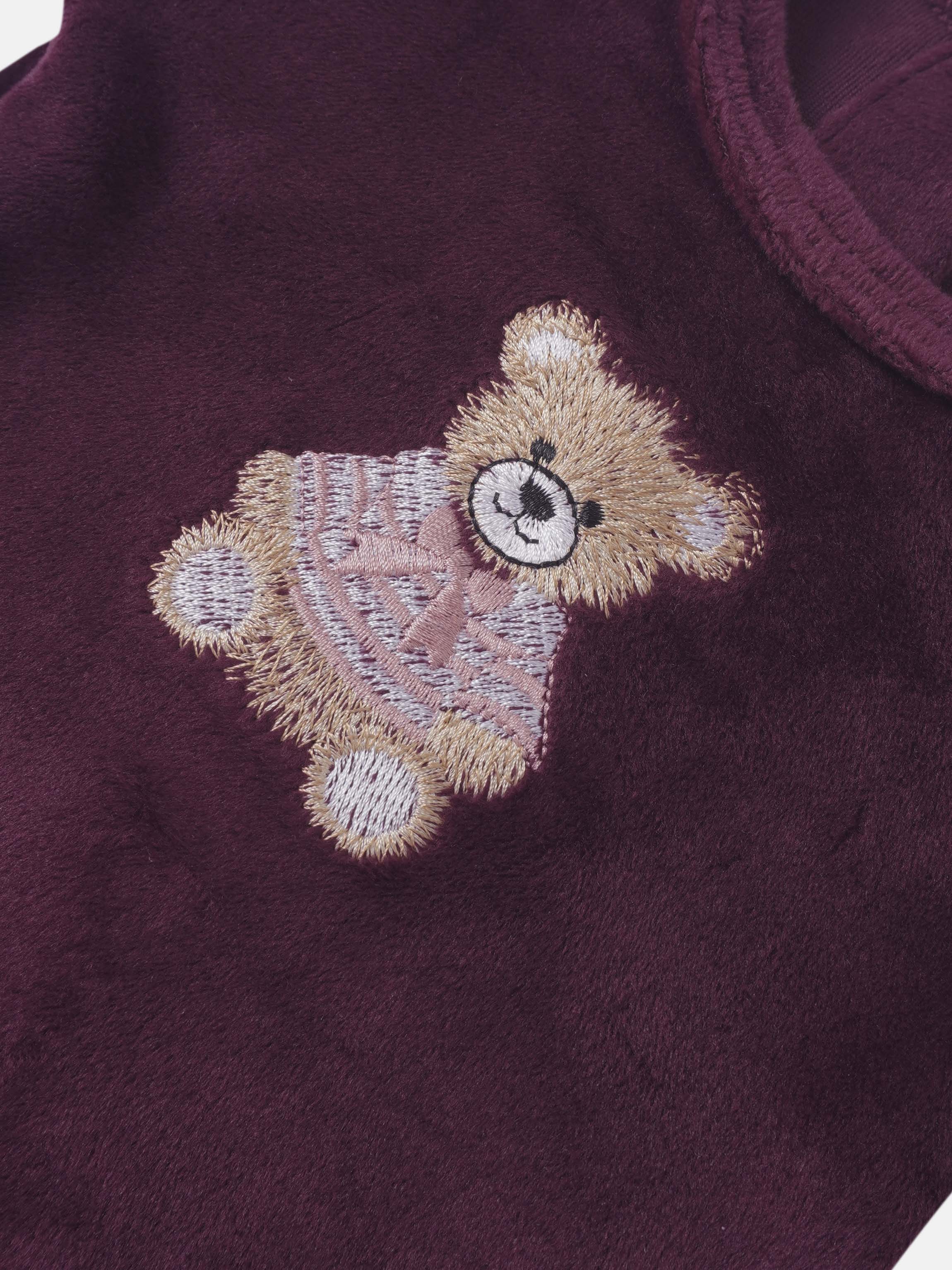 Embroidered Bear Stretchy by Adee, burgundy girls’ apparel with beige bear embroidery.