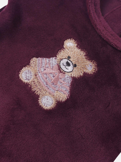 Embroidered Bear Stretchy by Adee, burgundy girls’ apparel with beige bear embroidery.