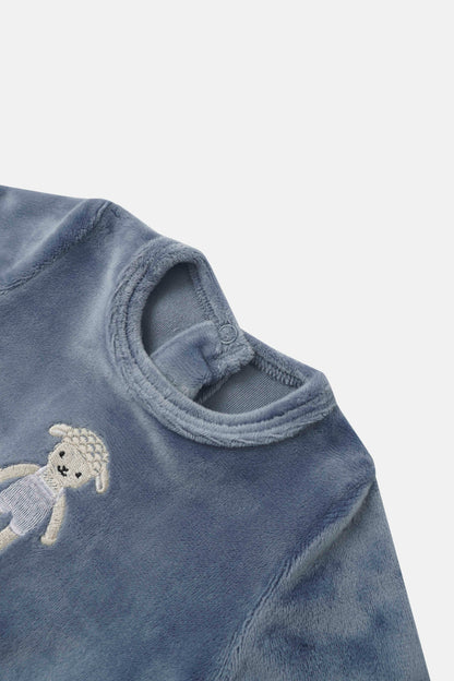 Baby Lamb Stretchy by Adee, boys blue fleece velour garment with embroidered lamb