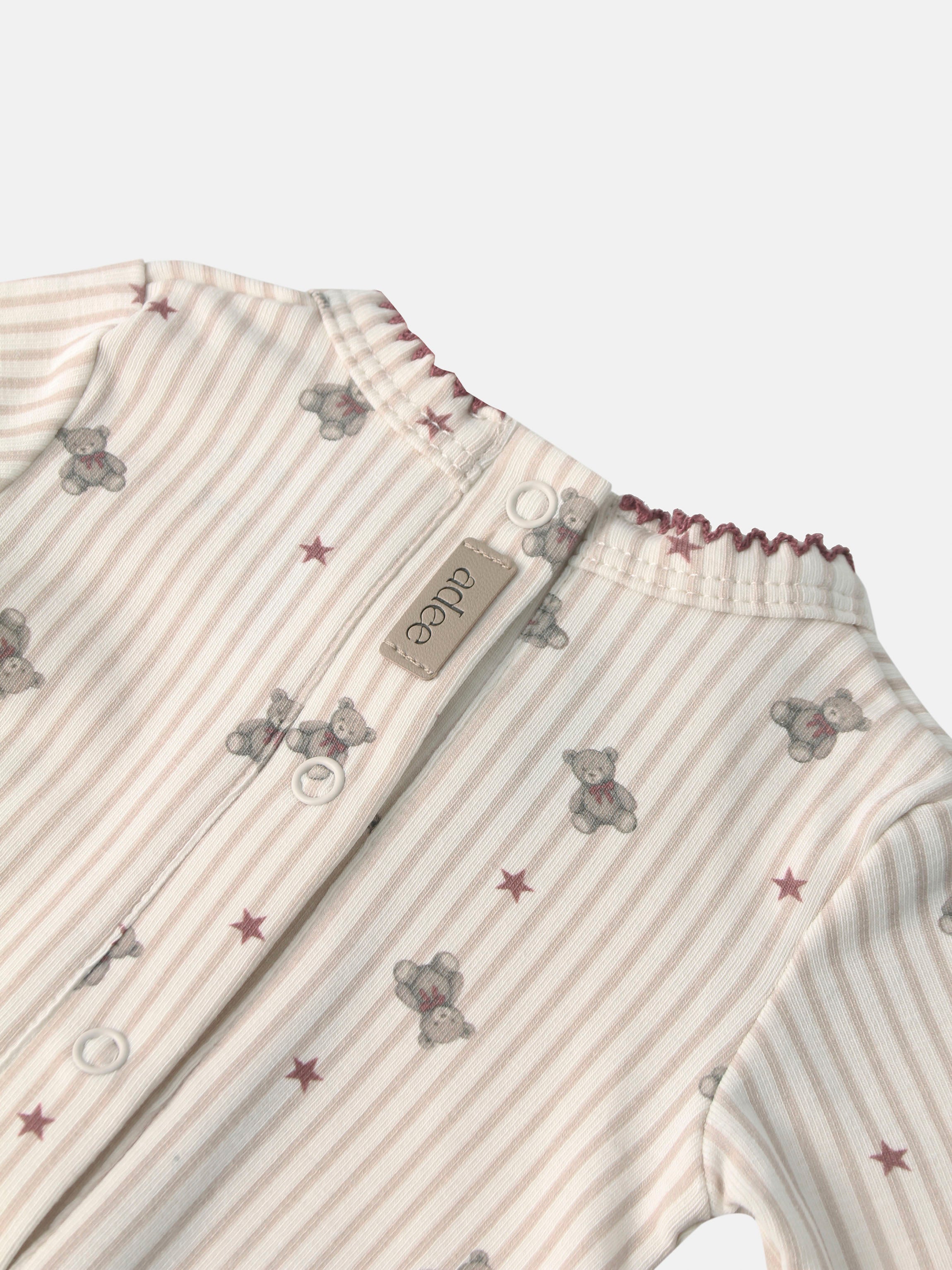 Striped Bear Stretchy by Adee; red striped kids’ shirt with teddy bears and stars and a button placket.