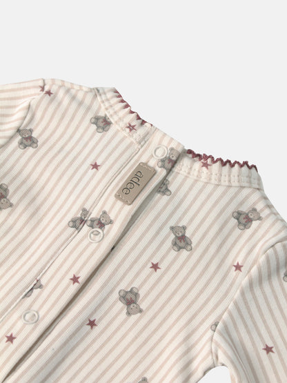 Striped Bear Stretchy by Adee; red striped kids’ shirt with teddy bears and stars and a button placket.