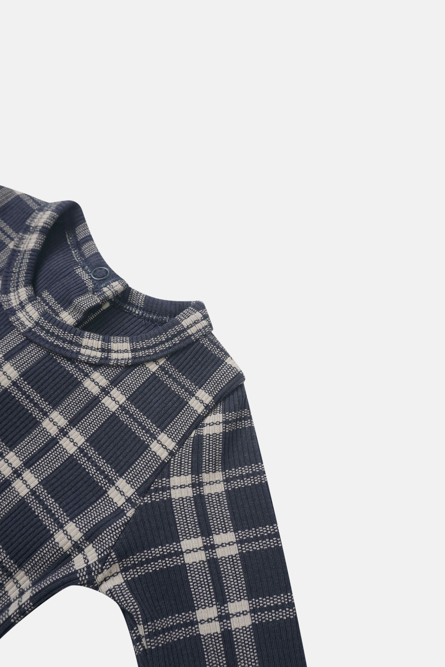 Boys Stretchies navy plaid fabric with collar and button detail