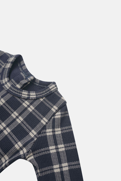 Navy plaid boys layette set top by Adee with button collar detail.