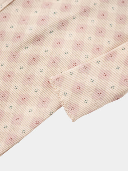 Little Button Stretchy pink girls corduroy sleeve with tiny teal and maroon four-dot floral pattern
