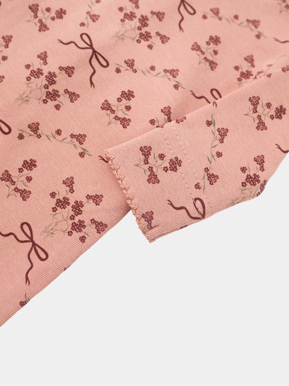 Bow Bouquet layette set for girls in pink with burgundy floral clusters and ribbon bows.