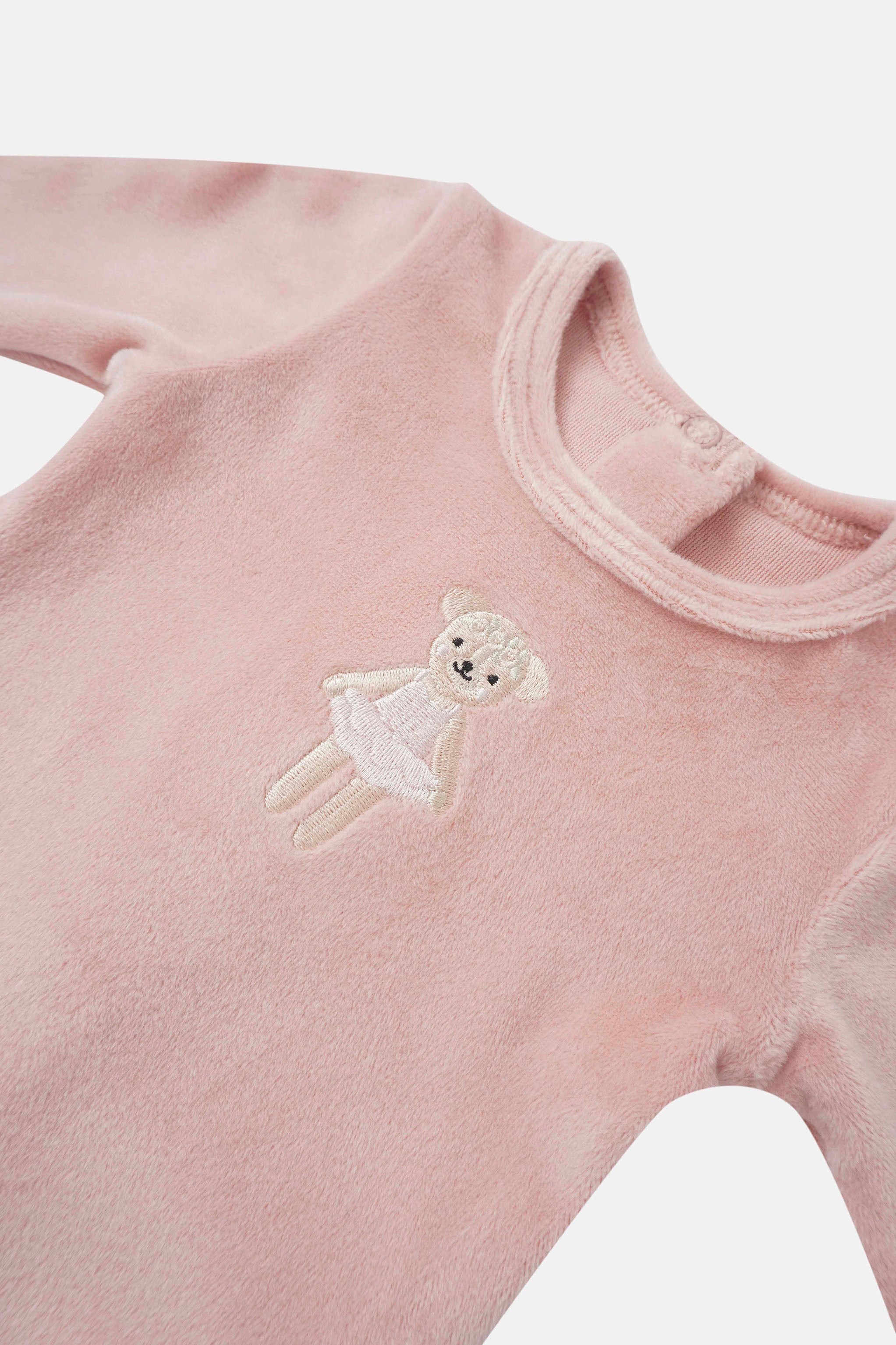 Ballerina Bear Stretchy girls’ fleece top by Adee; pink fabric with embroidered bear motif.