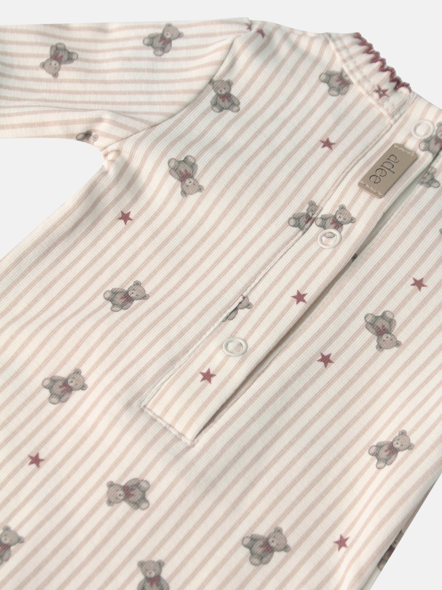 Striped Bear Stretchy by Adee; beige-pink striped fabric with teddy bear prints and pink stars, snap buttons.