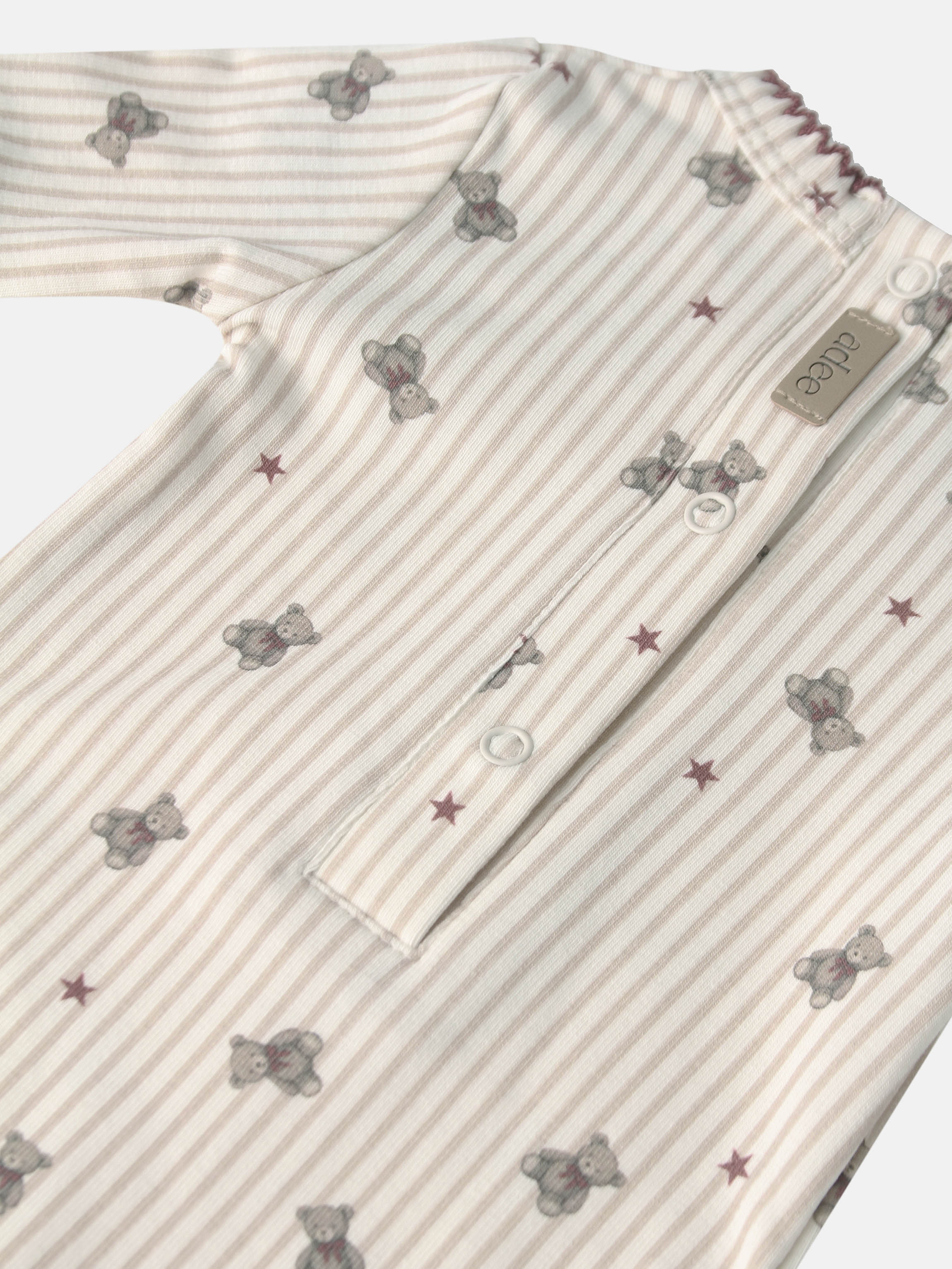 Striped Bear Stretchy by Adee; beige-pink striped fabric with teddy bear prints and pink stars, snap buttons.