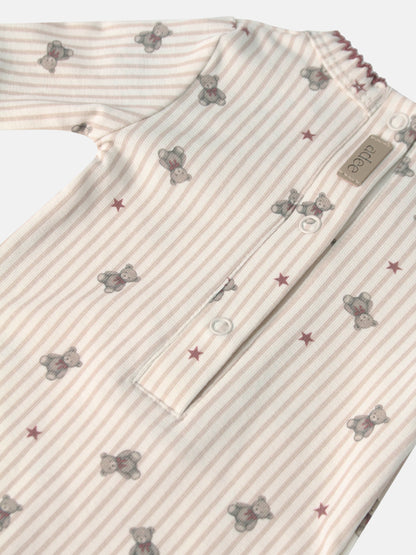 Striped Bear Stretchy by Adee; beige-pink striped fabric with teddy bear prints and pink stars, snap buttons.