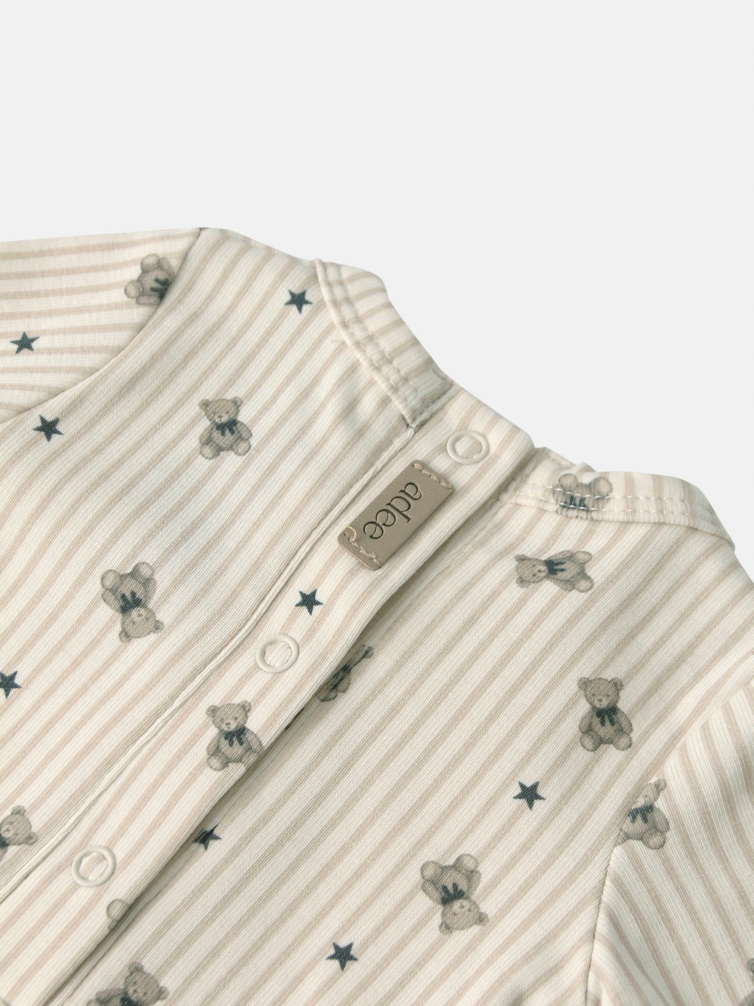 Striped Bear Stretchy by Adee, cream striped boys apparel with blue bears and star prints, snap closures