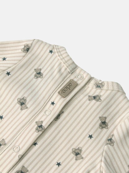 Striped Bear Stretchy by Adee, cream striped boys apparel with blue bears and star prints, snap closures
