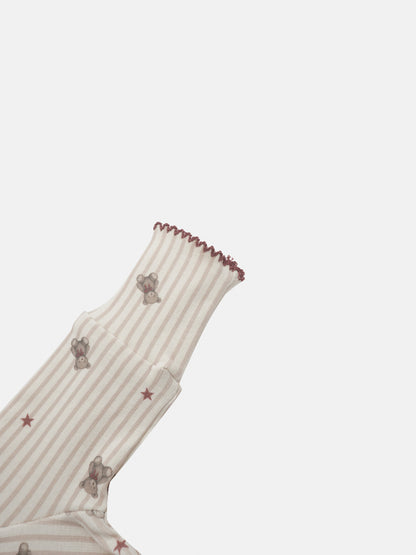 Striped Bear Stretchy girls stretchies by Adee; beige-pink stripes with bear prints and red trim.