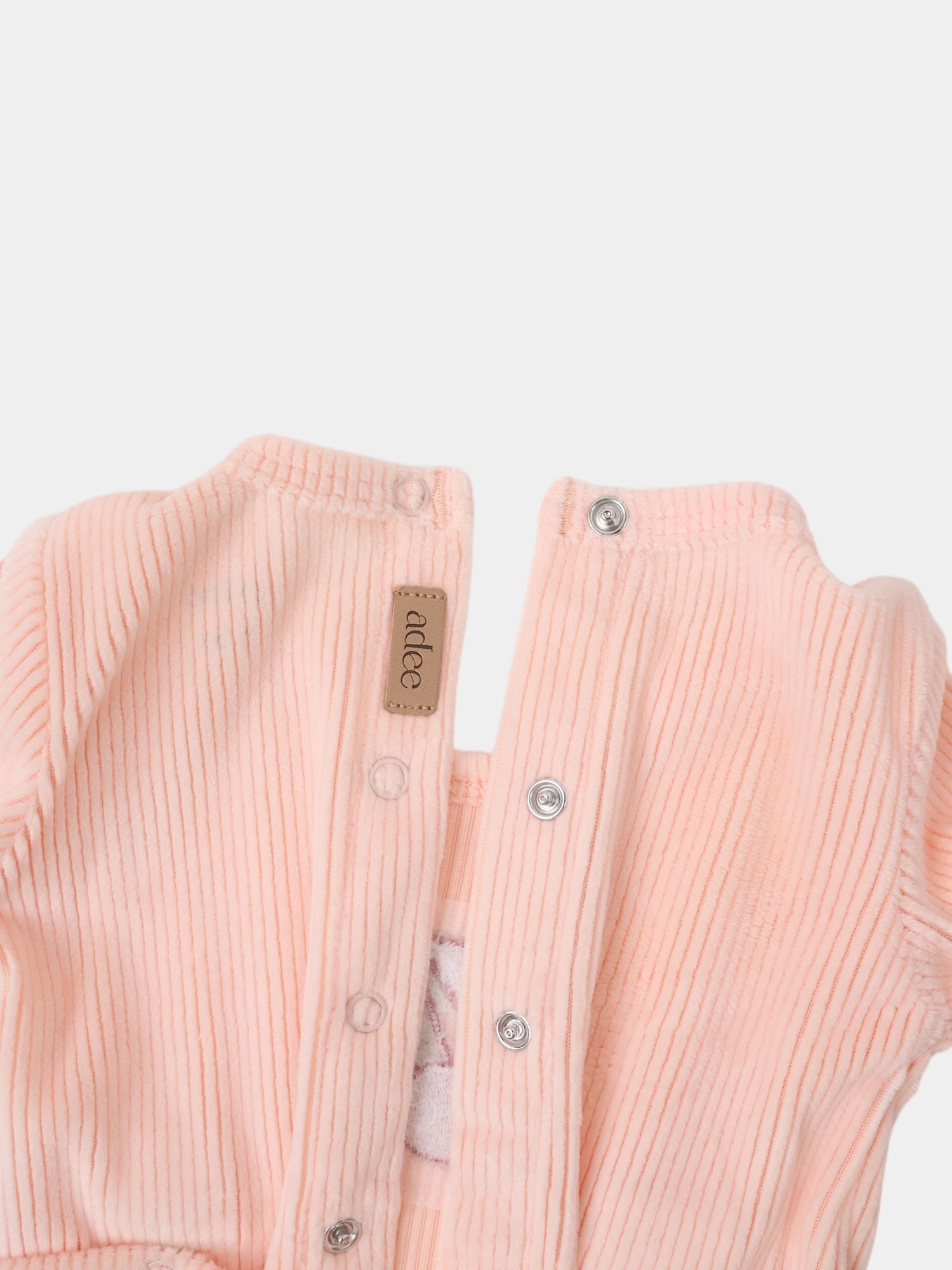 Embroidered Cherry Stretchy pink ribbed knit girls stretchies, two pieces with metal snaps, Adee brand