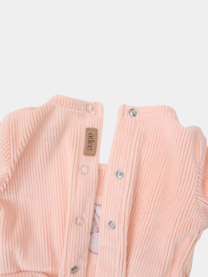 Embroidered Cherry Stretchy pink ribbed knit girls stretchies, two pieces with metal snaps, Adee brand