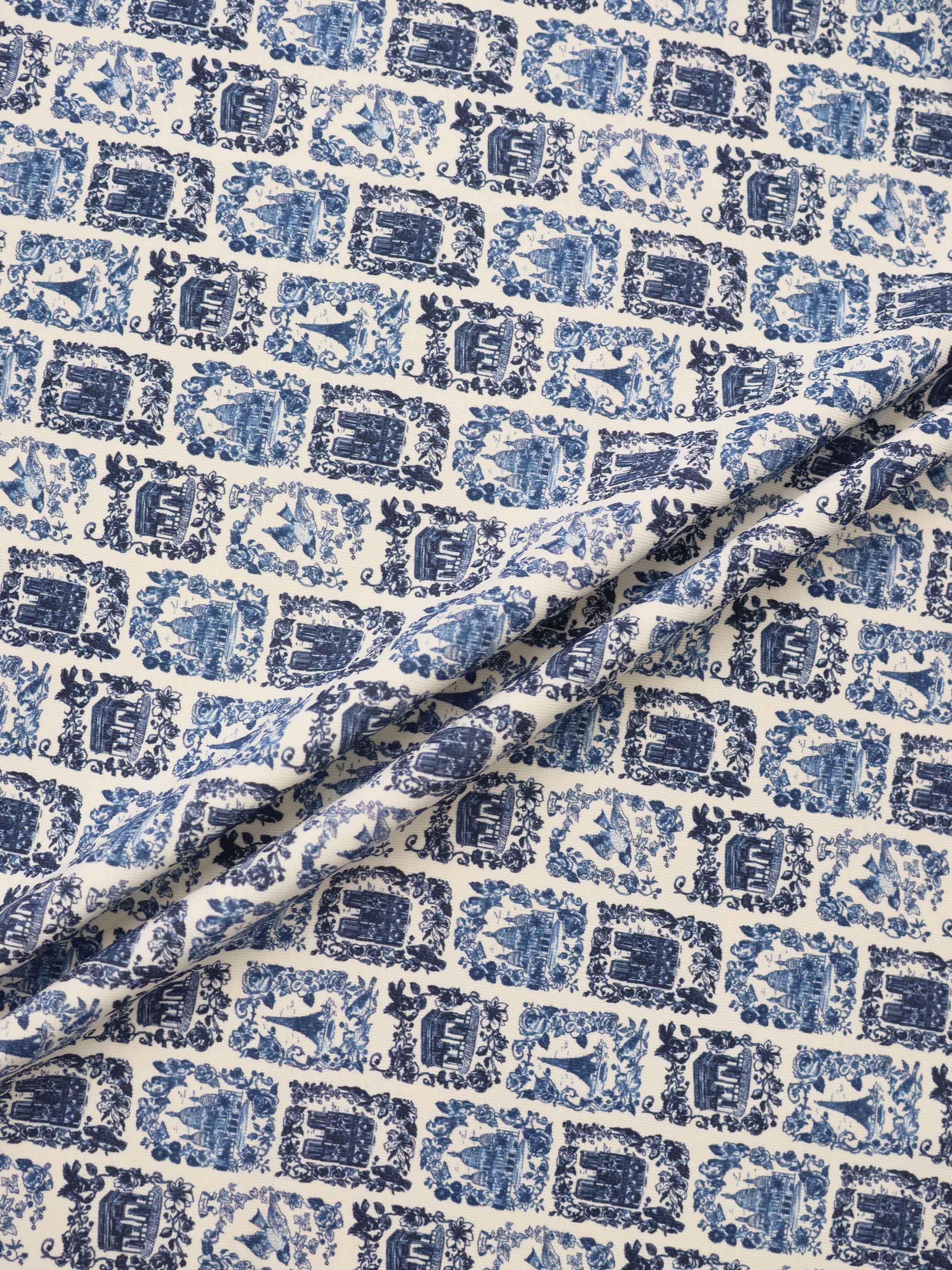 Blue Landmark Stretchy fabric for boys by Adee, with architectural landmark print