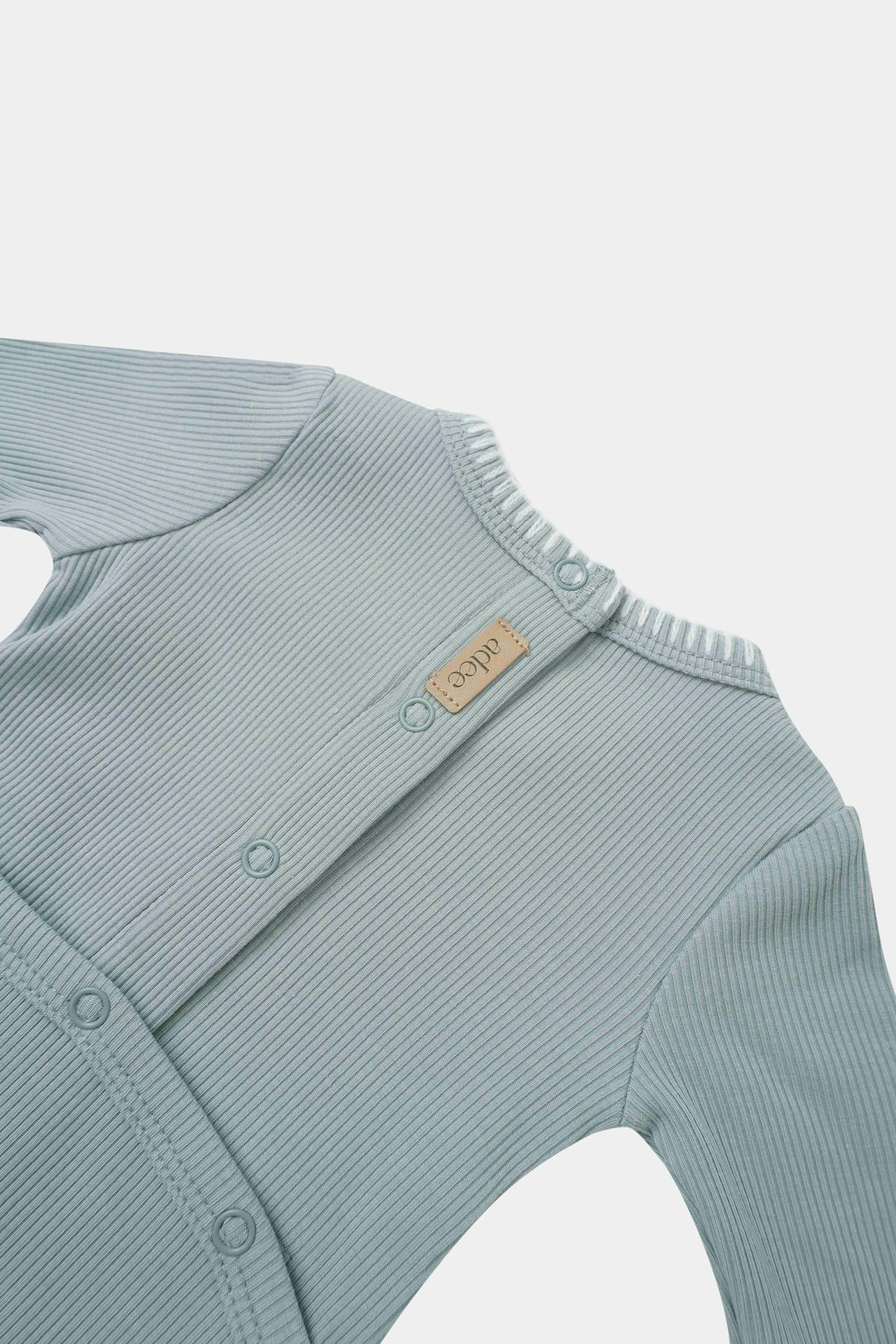 Legacy Stitch Stretchy light blue boys stretchies romper by Adee with ribbed knit fabric and snap-front placket
