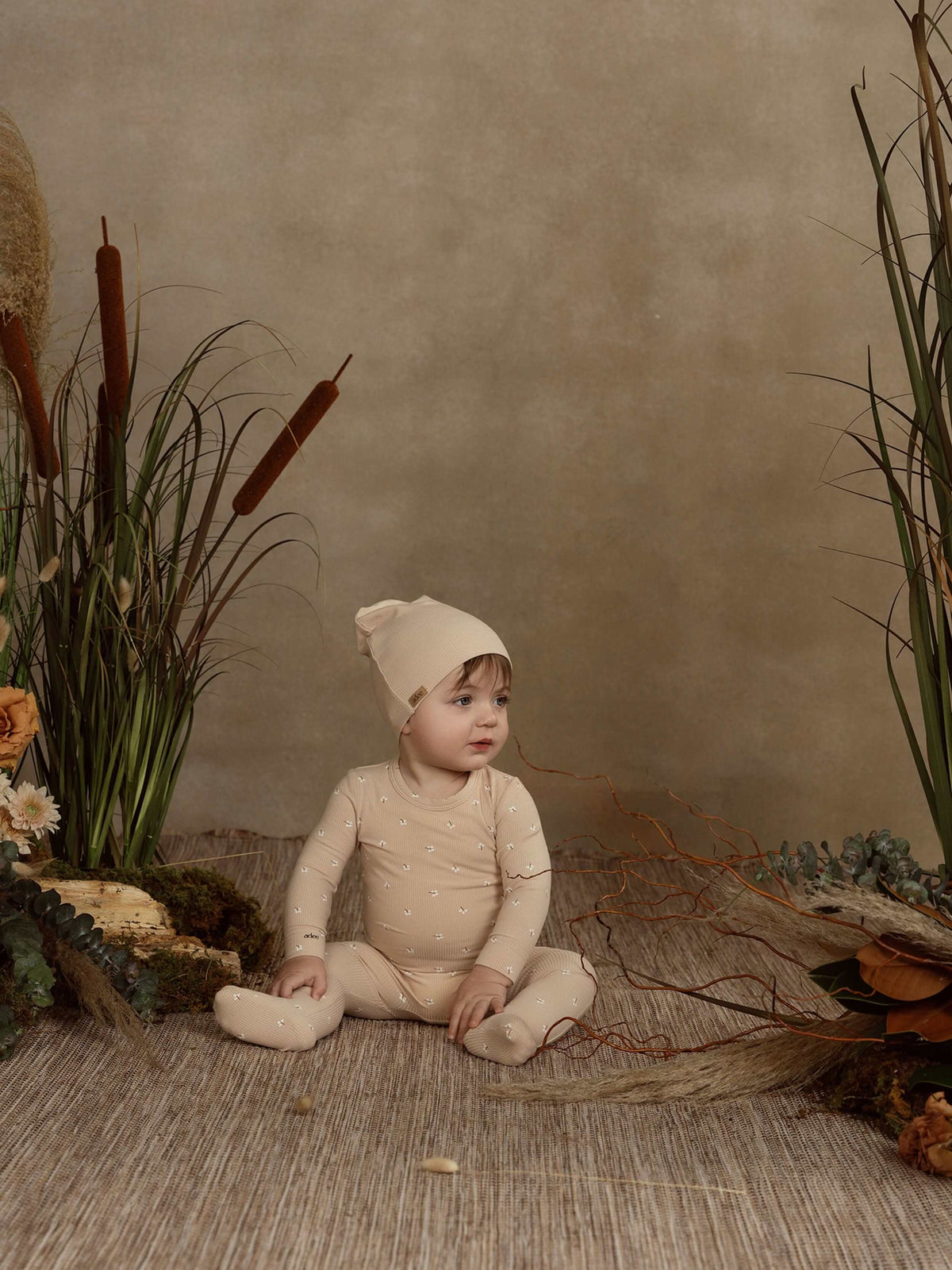 Thin Ribbed Beanie in tan by Adee for babies, unisex