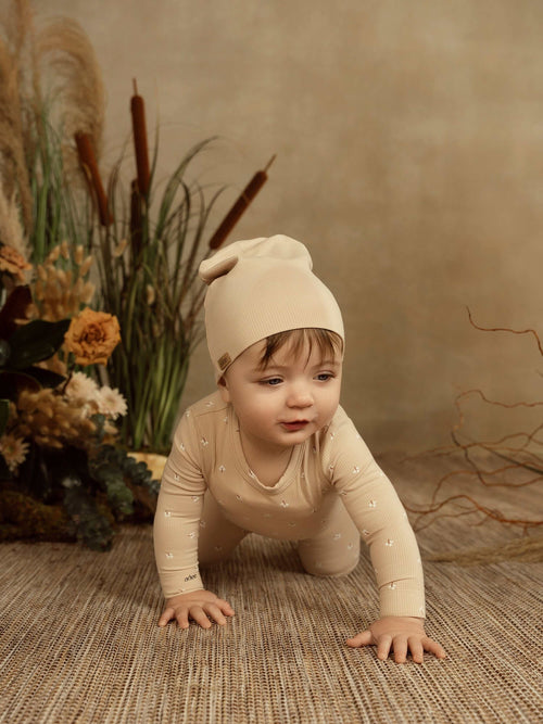 Thin Ribbed Beanie - Tan baby hat by Adee; beige knit unisex accessory